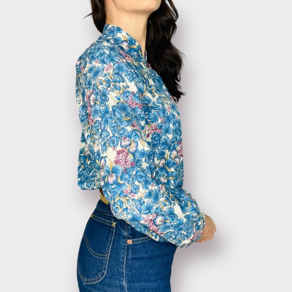70s Pykettes Blue and Purple Floral Blouse - Picture 8 of 8